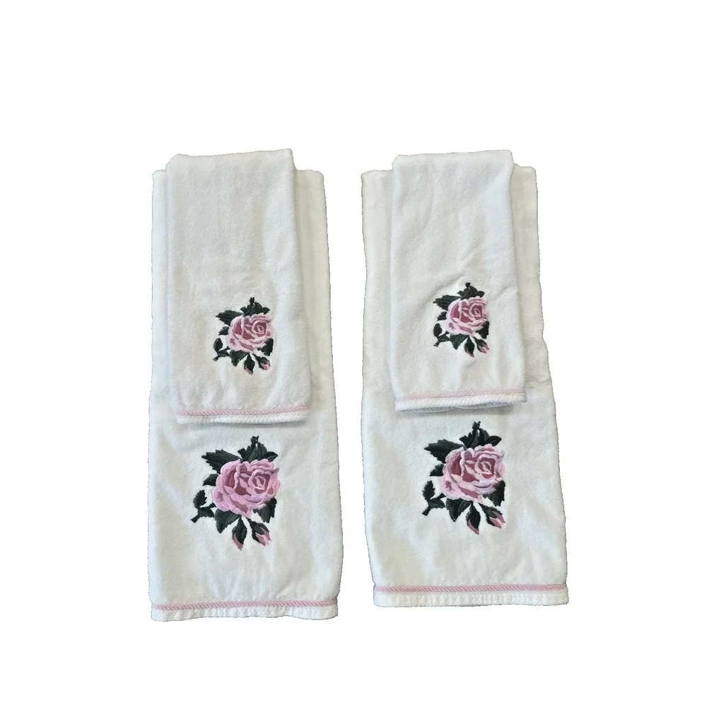 Vtg Set of 4 Pink Rose Embroidered White Bath & Hand Towels Rope Trim EUC